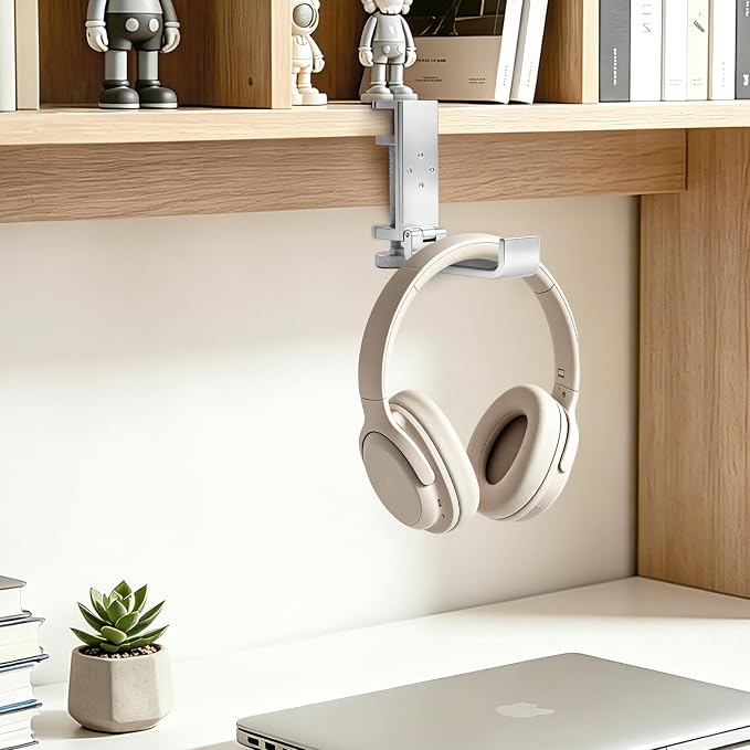 All Aluminum Foldable Headphone Holder for Desk, Headset Stand for Desk,Backpack Holder Hook for Desk,Table Bag Hook,Under Desk Clamp Hook for Gaming PC Accessories,Steel Silver - Image 3