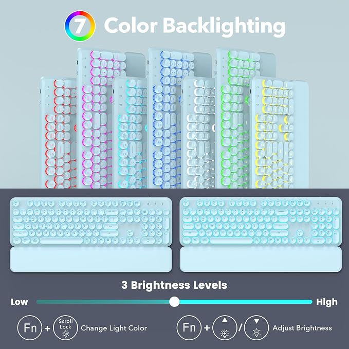 Rechargeable Backlit Wireless Keyboard and Mouse Combo, Retro Round Keycaps, Light Up Letters, Magnetic Wrist Rest, 2.4GHz Cordless for Mac Windows PC Laptop, Glowing Dusty Blue - Image 2