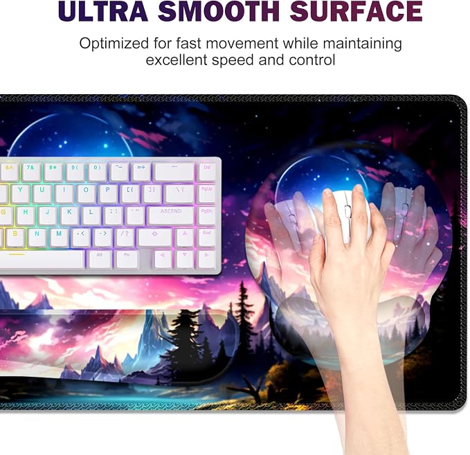 Gaming Mouse Pad, Large Desk Mat, Cute Desk Pad Protector, 4in1 XXL Mousepad + Keyboard Wrist Rest+Mouse Wrist Rest+Coaster Set with Ergonomic Desk Pad for Home Office Table Computer, Purple Hill - Image 4
