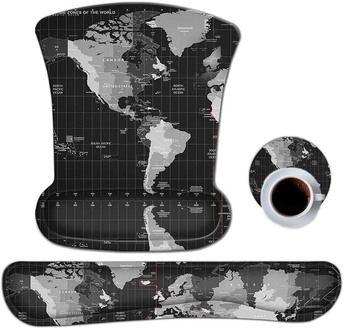 ToLuLu Keyboard Wrist Rest Pad Ergonomic Mouse Pad Set, Mouse Pad for Computer Laptop, Non Slip Mousepad Keyboard Wrist Support with Raised Memory Foam for Easy Typing Pain Relief, Cool World Map by ToLuLu