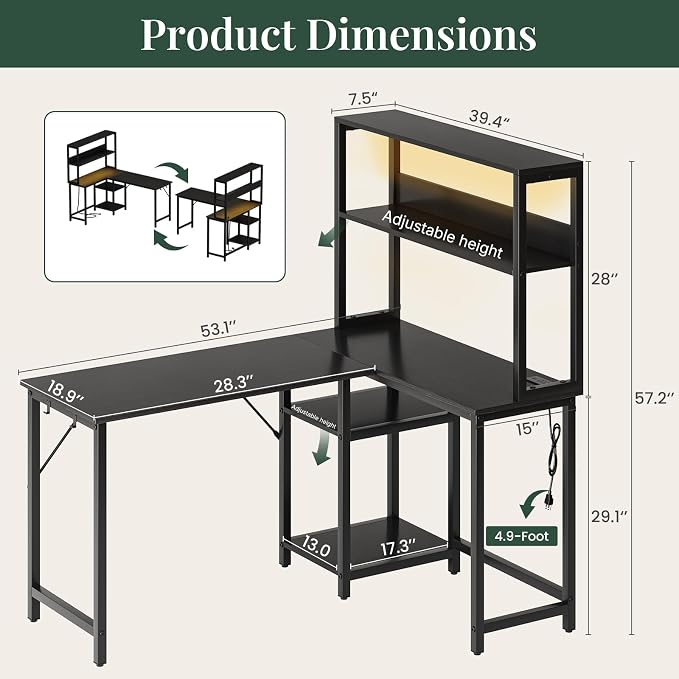 53" L Shaped Gaming Desk Reversible Corner Desk for Home Office - Image 3