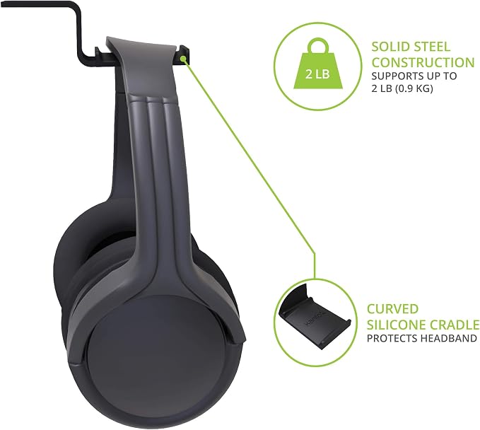 Kanto HH Universal Under Desk Headphone Hook - Black - Solid Steel Construction - Mount Using 3M Adhesive or 2 Included Screws - Image 4