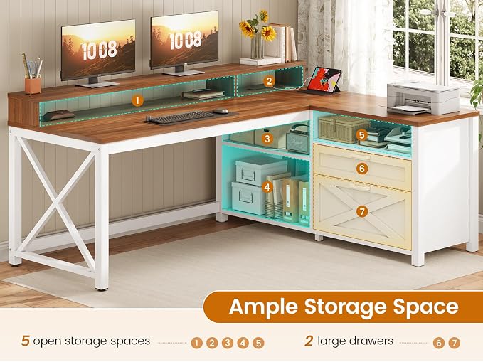 SEDETA Farmhouse L Shaped Desk, 55" Home Office Desk with Drawers and Storage Shelves, L Shaped Gaming Desk with LED Lights, Power Outlet and Monitor Shelf, Brown - Image 8