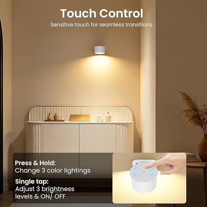 Koopala 2PACK LED Wall Lamps with Rechargeable Battery Operated, Wall Mounted Lights with 3 Brightness 3 Color Temp Removable Charging 360°Rotate Magnetic, Cordless Wall Sconces for Reading Bedside - Image 4