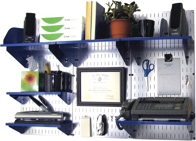 Wall Control Office Organizer Unit Wall Mounted Office Desk Storage and Organization Kit Slotted Metallic Wallboards and Blue Accessories by Wall+Control
