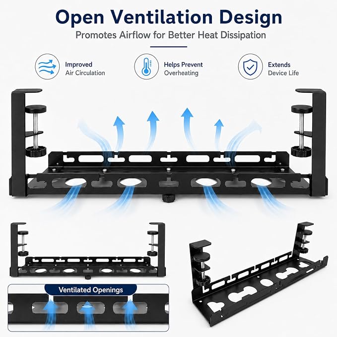 No Drill Under Desk Cable Management Tray, Adjustable 17.6"-27.4" Clamp-On Metal Cable Tray for Power Strip, Under Desk Cord Organizer and Wire Management Holder for Standing Desk, Gaming Desk, Office - Image 7