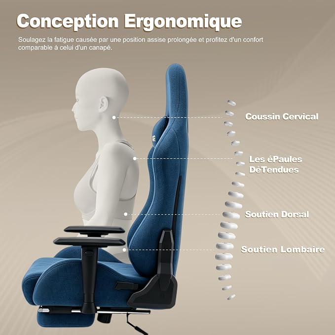 Symino Gaming Chair, High Back Ergonomic Office Chair with 2D Adjustable Armrests, 150° Recline, Breathable Faux Suede, Adjustable Headrest & Footrest for Home Office - Image 5