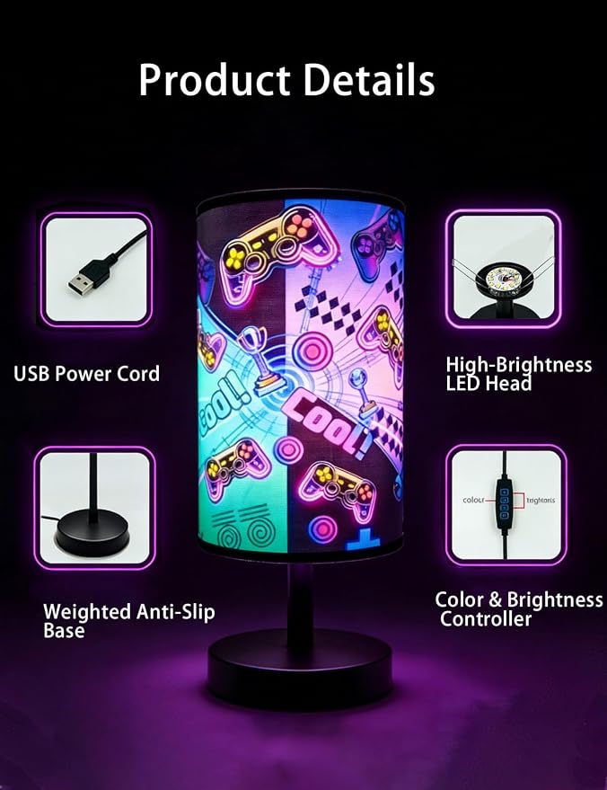 Gamer Room Decor for Boys, Gaming Lamp 3-Color Boys Table Lamp, 10 x 5.12 Inch Small Linen Desk Lamp with Built-in LED Beads for Boy Bedroom & Gaming Desk Decor - Image 3