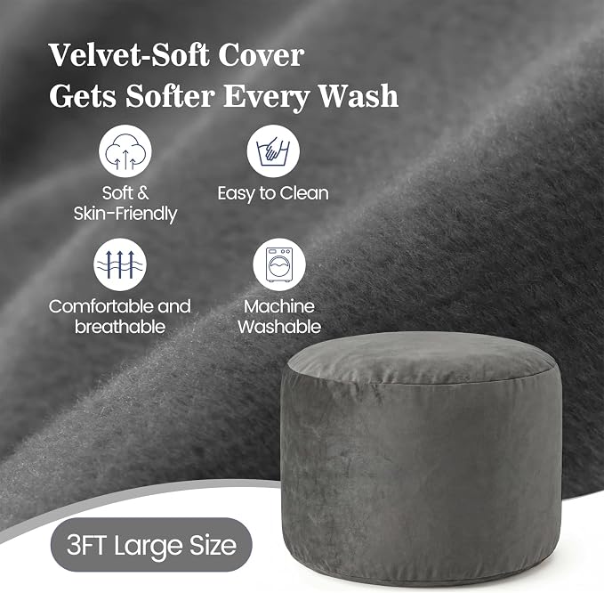 ACH Bean Bag Chair for Adults and Teens - 3ft Memory Foam Floor Chair, Perfect for Dorms, Gaming & Relaxing, Machine Washable Velvet Cover (Grey-Medium) - Image 5