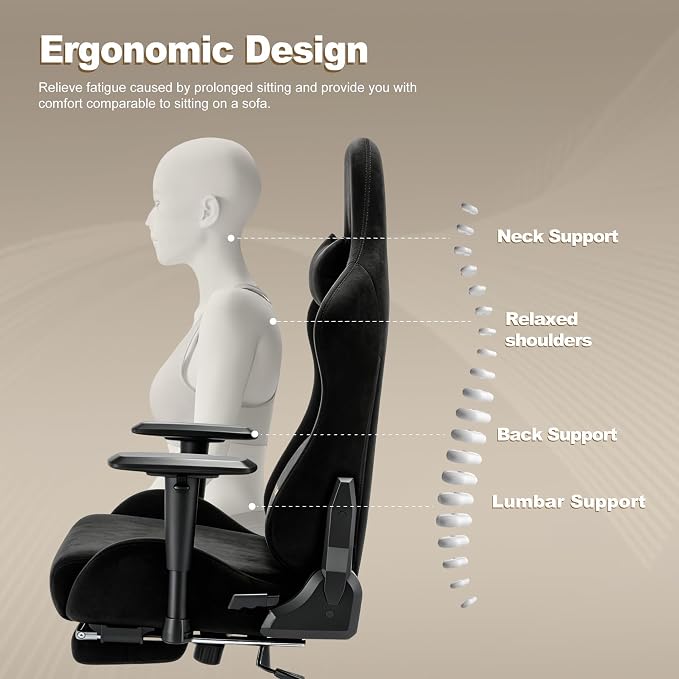 Symino Gaming Chair, High Back Ergonomic Office Chair with 2D Adjustable Armrests, 150° Recline, Breathable Faux Suede, Adjustable Headrest & Footrest for Home Office - Image 5