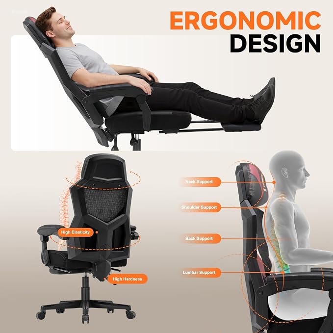 GTPLAYER Computer Chair with Adjustable Footrest, Ergonomic Gaming Chair with Headrest and Lumbar Support, Breathable Mesh Office Chair for Adults, High Back Reclining Desk Chair for Gaming and Office - Image 6