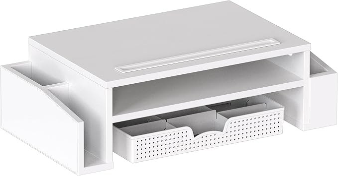 Simple Houseware Desk Monitor Stand Riser w/ Adjustable Tray, White | Built-In Tablet Slot and Side Storage - Image 6