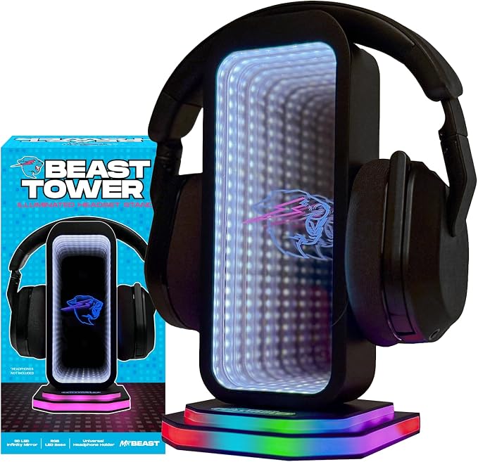 Feastables Beast Tower MrBeast Gaming Headphone Stand | RGB Light Display with Infinity Mirror Effect and Logo | Universal Headset Holder; USB Powered Desk Computer Accessory for Gamers and Streamers by Feastables