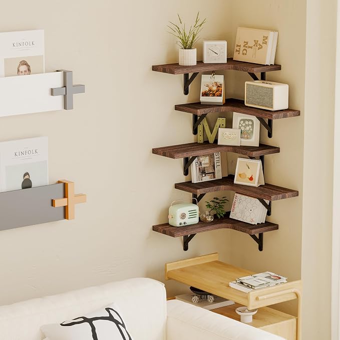 Fixwal Conner Shelves Wall Mounted for Decor, Walnut Brown Set of 5 - Image 5