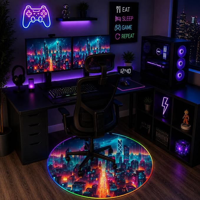 Gaming Chair Mat for Hardwood Floor Circle RGB Gaming Lights (Future City 47”) - Noise Cancelling, Anti-Slip Gamer Floor Mat – Scratch Resistant Computer Gaming Mat for Chair - Image 8