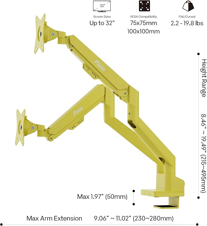 Pixio PS1D Wave Yellow Dual Monitor Arm Stand Desk Mount - Fits up to 32 inches Monitors and up to 19.8lbs. VESA Compatibility and Integrated Cable Management - Image 4