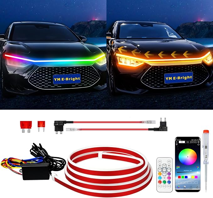 YM E-Bright LED Hood Light Strip, 79in RGB App Control Dynamic Scan DRL 12V by YME-Bright