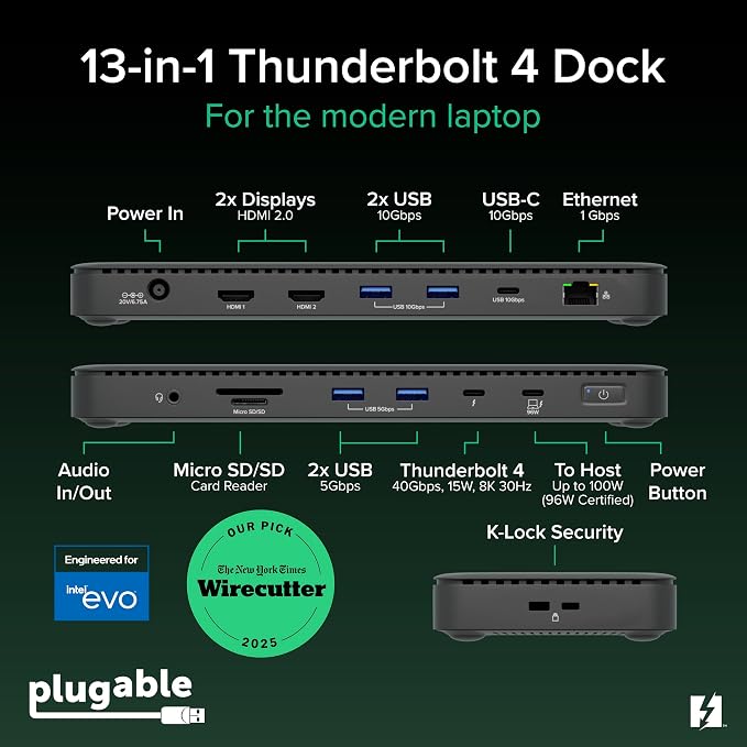 Plugable Thunderbolt 4 Dock, 100W Charging (96W Certified), Dual HDMI Docking Station for Windows and Mac, Single 8K or Dual 4K 60Hz, 40Gbps, 13 Ports with Ethernet, SD/microSD (TBT4-UD5) - Image 2