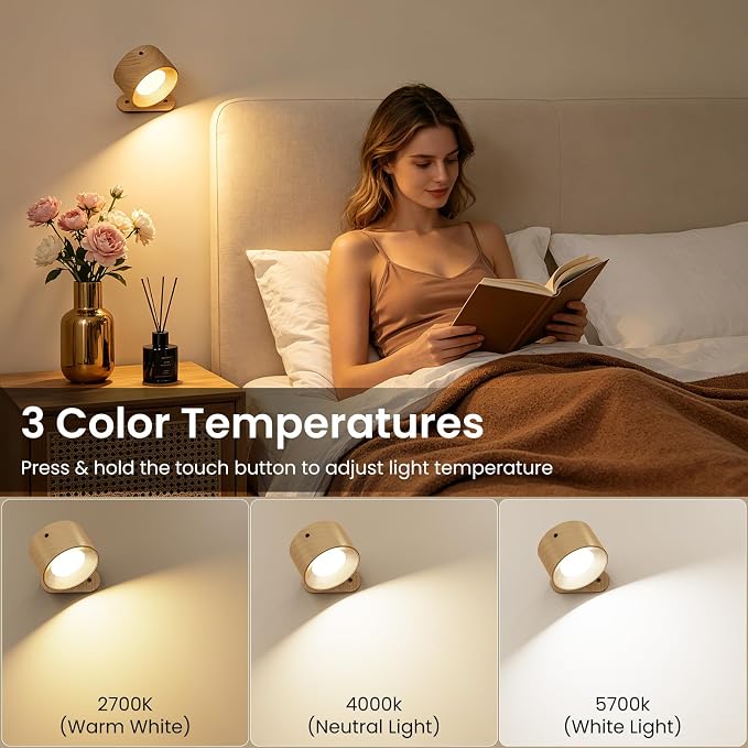 Koopala 3PACK Rechargeable LED Wall Sconce, Cordless Battery with Remote Powered Wall Sconce, 3 Brightness Levels, 360° Swivel Magnetic Shade for Reading Bedside, Wood Grain Color. - Image 2