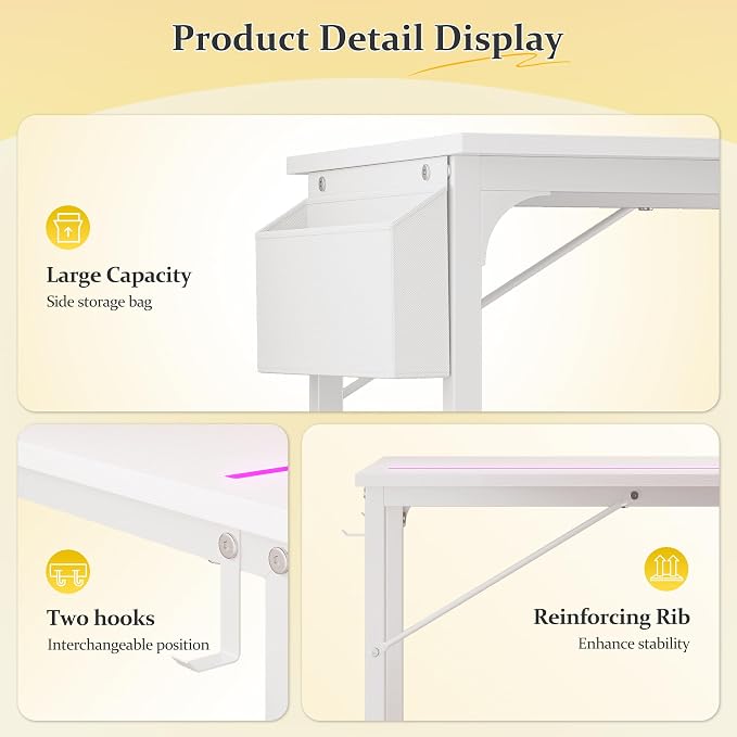 DurayLoly 32" Gaming Desk with Waterproof LED Lights for Bedroom,White - Image 7