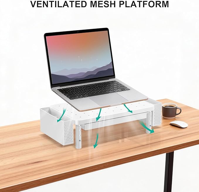 WALI Computer Monitor Stand with Storage and Pen Holder | 3 Height Adjustable Desk Organizer with Drawer, Desk Laptop Monitor Riser for Computer, Printer(PTT003-W), 1 Pack, White - Image 4
