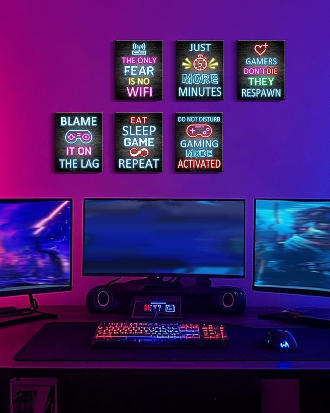 KUVIOKE Video Gamer Room Neon Decor for Teen Boys Gaming Wall Art Gamer Signs Teenage Bedroom Decor Set of 6, 8x10in (Framed) - Image 3