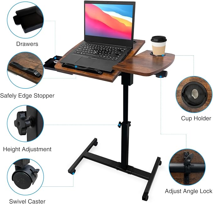 Overbed Table Height Adjustable Bedside Table Hospital Bed Table with 2 Tilting Desktops Mobile Laptop Desk with 2 Tilting Desktops Cup Holder Drawer for Office Home and Hospital - Image 5