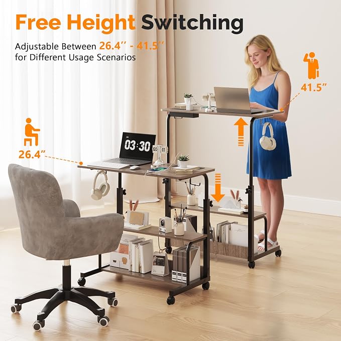 FCH 31.5" Mobile Small Standing Desk, Adjustable Height Mobile Computer Desk, w/2 AC Outlets + 3 USB Ports & Hooks, Storage Shelves, Suitable for Gaming, Studying, Home Office, Gray - Image 4