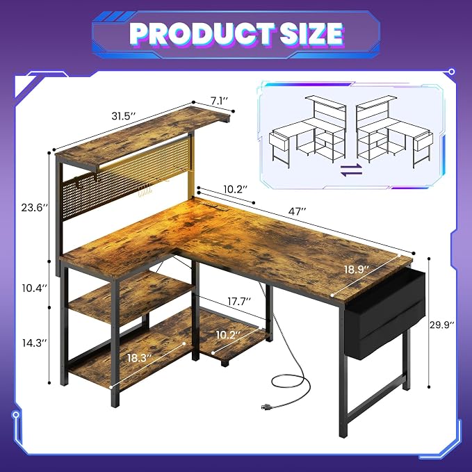 47in L Shaped Gaming Desk with Pegboard & Shelf & Storage Bag, Rustic Brown | LED Light, Power Outlet, Reversible Gaming Table, Escritorio Gamer, Corner Computer Desk for Small Space Storage, Home Office - Image 3