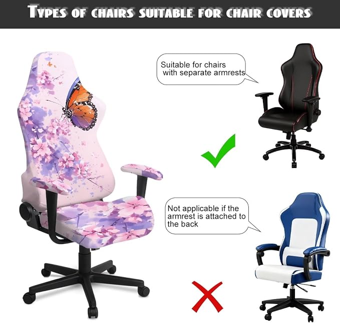 Butterfly Gaming Chair Covers Pink Ink Washing Floral Computer Game Chair Covers Stretchable Cherry Blossom Split Armchair Slipcover with Armrest for Home, Office, Workstation - Image 4
