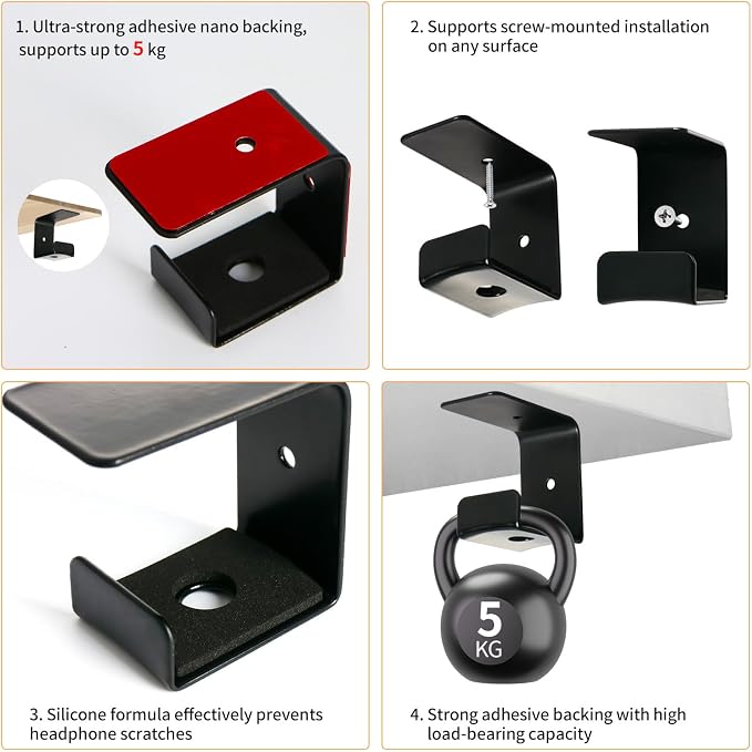 Pair Headphone Stand, Adhesive Headphones Holder with Rubber Pad, Sticky Headset Hook for Desk, Headsets Hanger with Screws Mounted on the Bottom & Edge of the Table for Gaming Desk Accessories - Image 4