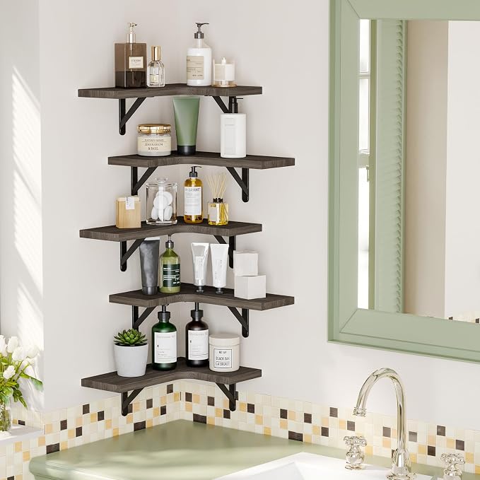 Fixwal Conner Shelves Wall Mounted for Decor, Weathered Grey Set of 5 - Image 2