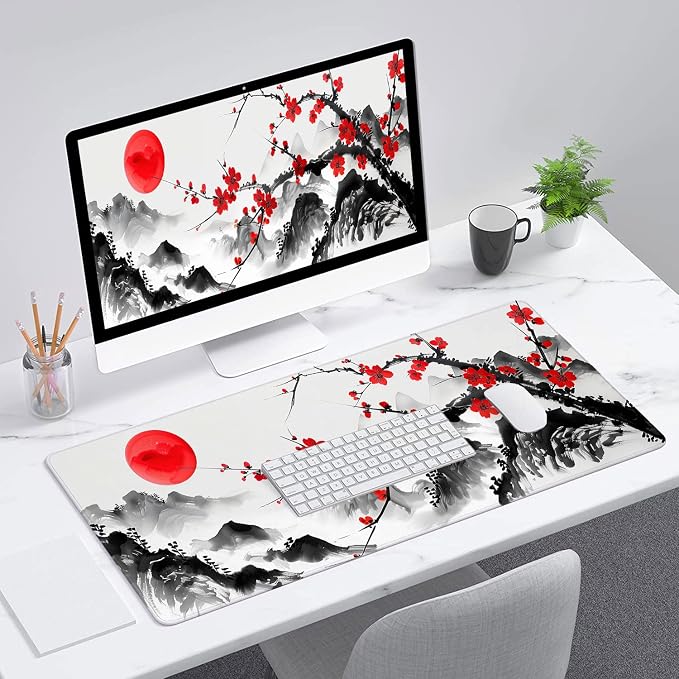 Watercolor Cherry Blossom Gaming Mouse Pad Desk Pad Ink Landscape XL Mouse Pad Large Mousepad Extended Laptop Keyboard Mat Gaming Desk Pad Mouse Mat Office Computer Keyboard Laptop Home 31.5"x11.8" - Image 3