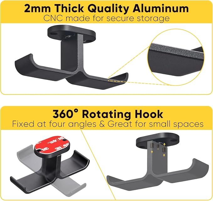 Under Desk Headphone Hanger with Strong Adhesive and Screws Mount, 360° Rotatable Dual Headset Holder Stand, Aluminum Metal Adjustable Headphone Hook, Perfect for Home Gaming & Office - Black - Image 5
