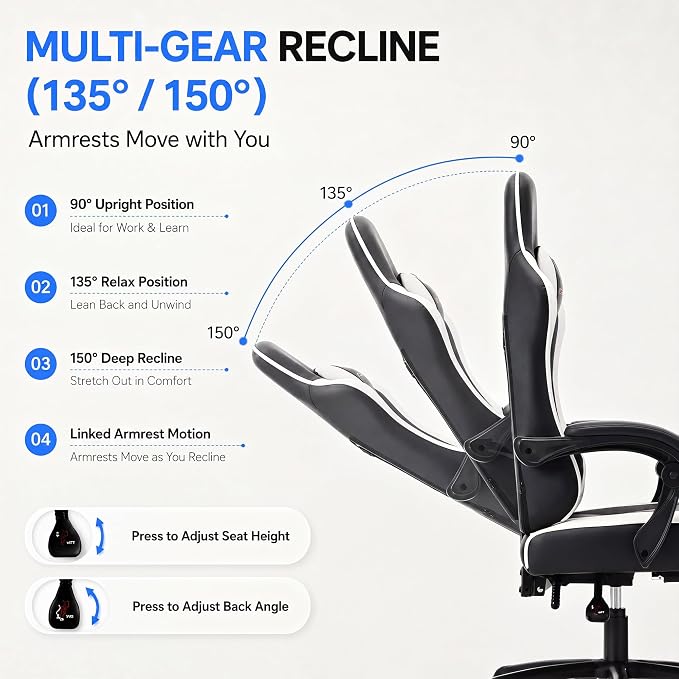 Desk Computer Gaming Chair - High Back Ergonomic Office Chair with Footrest and Lumbar Support, Swivel Comfy Home Gamer Video Game Chairs with Pocket Spring Cushion for Adults (White Leather) - Image 7