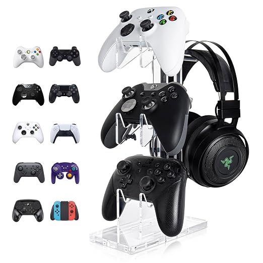 OAPRIRE Acrylic Game Controller Stand for Desk, 3 Tier, Stabilized Base | Controller and Headset Stand, Gamer Gift for PS5 PS4 Xbox Controllers, Desk Accessories, Quick Desk Tidy In Seconds, Clear by OAPRIRE