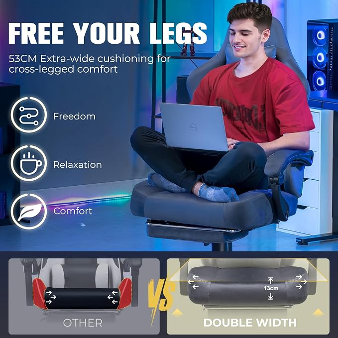GTPLAYER Big and Tall Gaming Chair 400lbs Heavy Duty Office Chair with Foot Rest, High Back Pocket Spring Ergonomic Computer Chair for Adults, Wide Comfy Seated Cushion with Linkage Armrests, Grey - Image 3