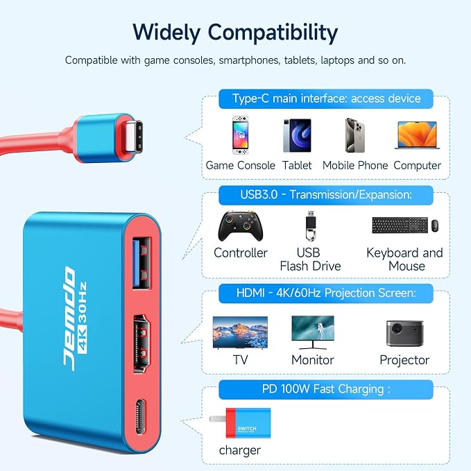 JEMDO Portable Dock Adapter for Switch, Travel Docking Station for TV with 4K HD HDMI Output & PD Fast Charging & USB 3.0 Compatible with Switch/OLED, Steam Deck, MacBook Pro/Air, ROG Ally - Image 7