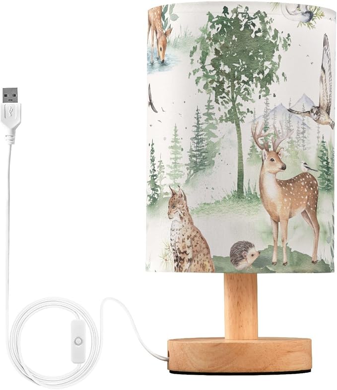 Bedside Table Lamp Woodland Animals Nightstand Lamp with Wood Forest Deer Owl Lynx Hedgehog Ermine Tree Desk Lamps for Bedroom Living Room Nursery Office Home Decor by Oarencol