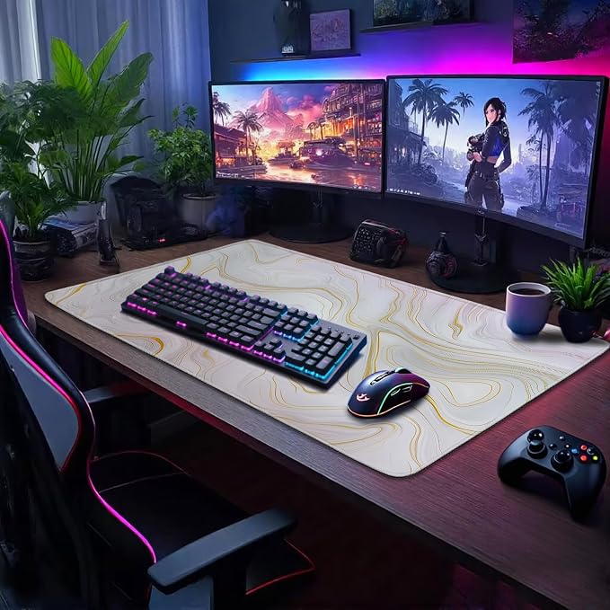 Large Mouse Pad Gaming Desk Mat 31.5"x15.7" Non Slip Gold Marble | Extended Mousepad, Non-Slip Rubber Base , Stitched Edges, for Computer/Laptop/Office/Home - Image 2
