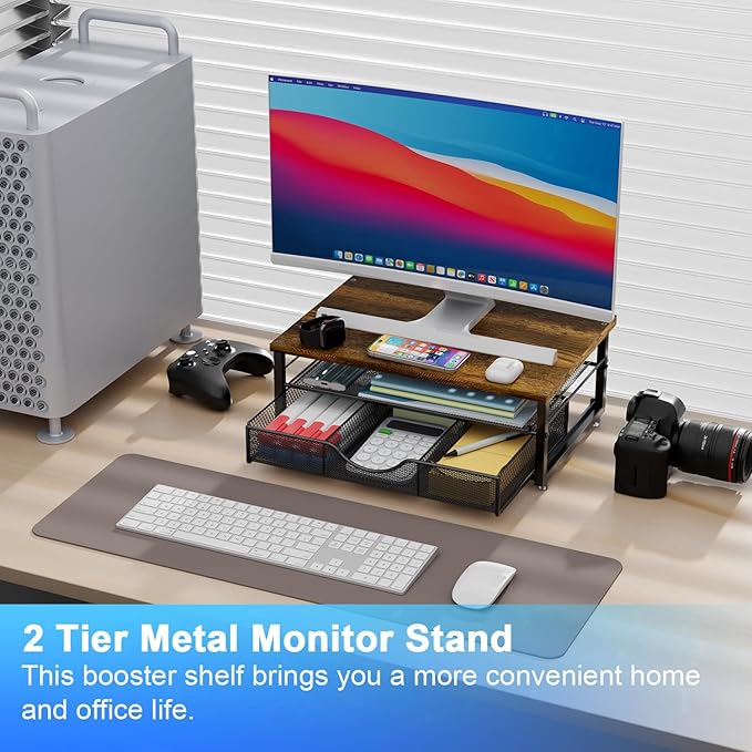 gianotter Computer Monitor Stand Riser with Drawer | Wood Desk Organizers and Accessories Desk Accessories & Workspace Desktop Organizers Storage for Printer Stand (Wood) - Image 2