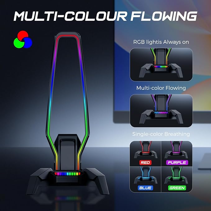 MARVO RGB Headphone Stand Data Transmission, 9 Lights Mode Headset Holder with 1 USB-C & 3 USB Ports & 1 3.5mm Jack Port, Ultimate Gaming Accessories for Gamers for PS, Xbox, PC - Image 2