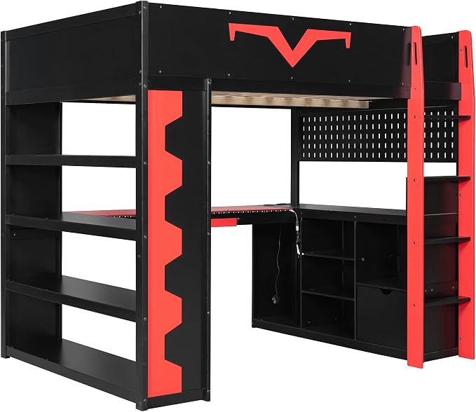 Merax Full Size Gaming Loft Bed with Desk and RGB LED Lights, Pro-Gamer Bed with Power Outlet, Large Bookshelf, Pegboard, Keyboard Tray & Drawer, Red - Image 5