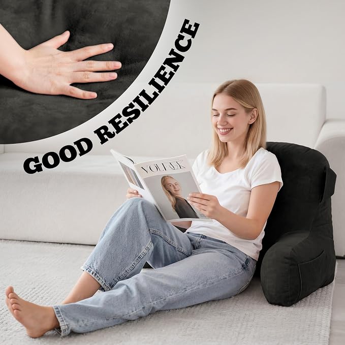 Unisakey Portable Comfy Reading Pillows for Bed Sitting Up(Grey Oeko-Tex), Velvet Back Pillow with Arms & Pockets for Adults, Support Memory Foam Bed Pillow for Dorm/Reading/Watching/Gaming - Image 4