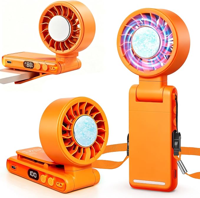 Handheld Portable Turbo Fan with Ice Cooling,5 Speed Rechargeable LED Display Foldable Hand Held Personal Clip/Neck/Waist Fan,180°& 360° Adjustable,Pocket Mini Fan for Outdoor/Home/Office (Orange) by Ciaien