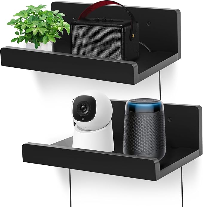 Floating Wall Shelves Set of 2, 12-Inch Solid Wood Shelves with Cable Holes, Small Display Shelf for Router, Webcam, Smart Speaker, Camera – Black by Unknown