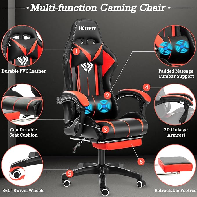 RGB Gaming Chair with LED Lights Massage Ergonomic Computer Chairs-Red | High Back Video Game Chair with Footrest & Adjustable Lumbar Support Gamer Chairs for Adults Racing Style Recline - Image 5