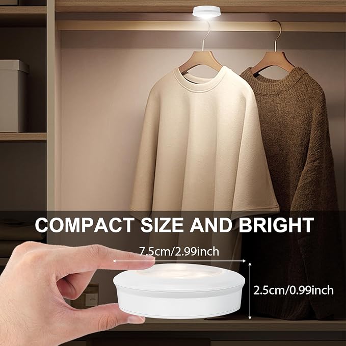 BIGMONAT LED Puck Light, Stick on Lights, Closet Lights Battery Operated, Tap Lights, 60 Lumens Touch Light, Under Cabinet Lighting, Ideal for Kitchen Cabinets, Closets, Garage and More, 3-Pack, White - Image 3