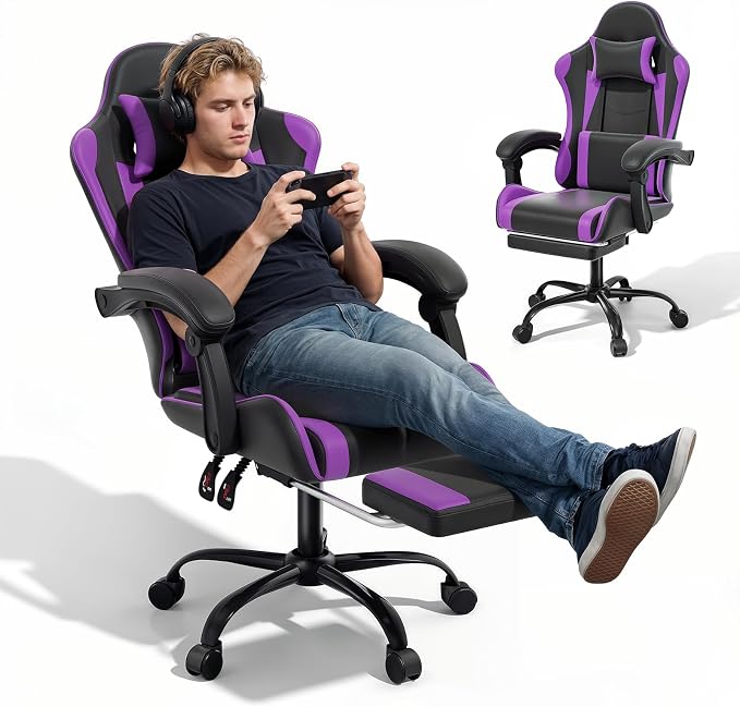 MoNiBloom Gaming Chair, Footrest & Lumbar Support, Height Adjust, Purple | Headrest & Lumbar Support, Ergonomic Computer chair, for Adult Teen Office or Gaming,Swivel game chair, leather gaming chair by Monibloom
