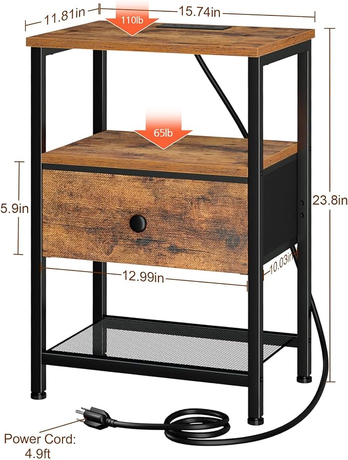 LOAKEKEL Night Stand, Small Nightstand with Charging Station - Image 6